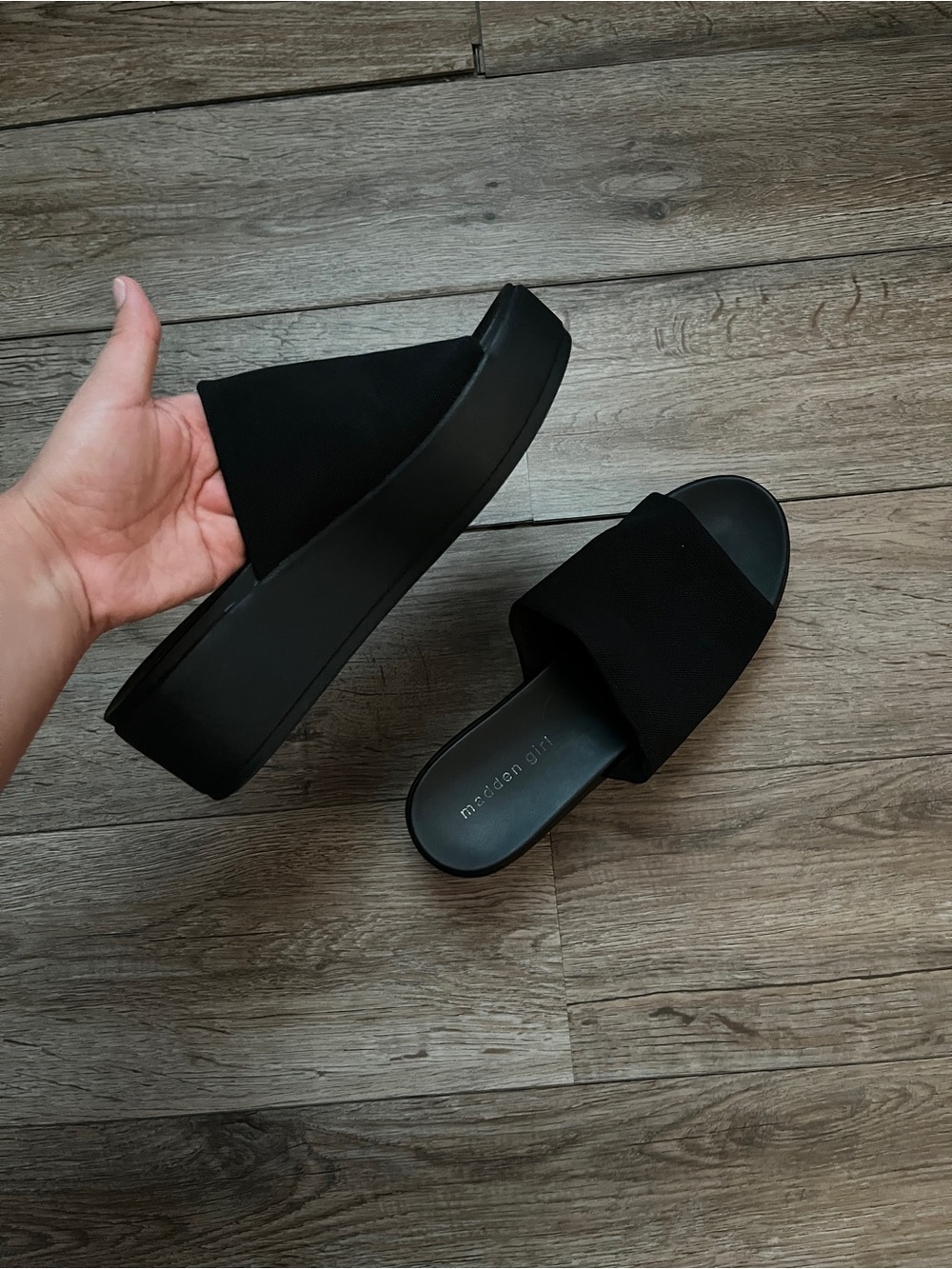 Madden Girl Black Platform Slides